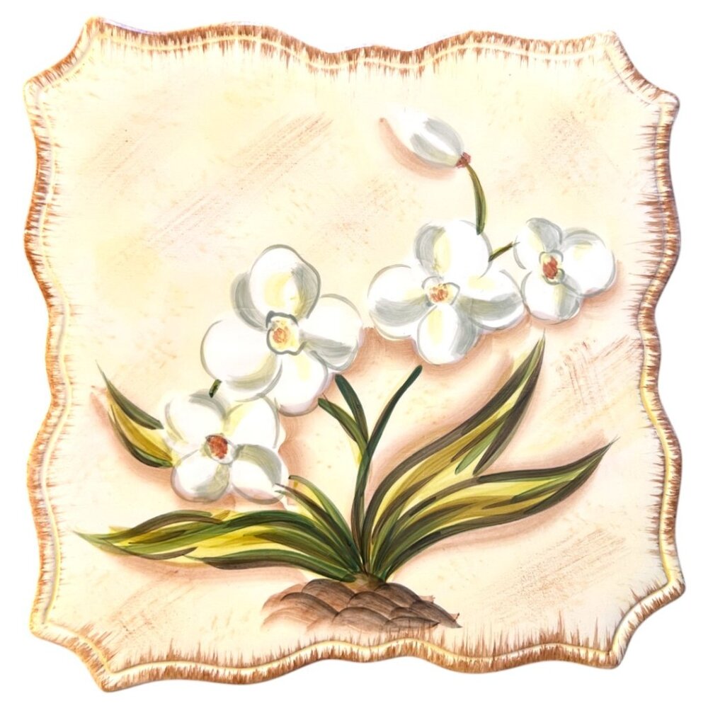 Tabletops Gallery White Orchids Hand Painted Ceramic Wall Plaque 8x8 Floral Tile